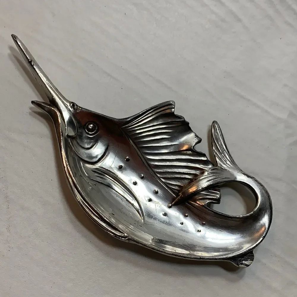 WB Manufacturing Co 133 Swordfish Trinket Holder Vintage Silver Plated Metal